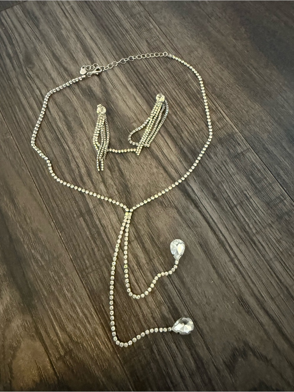 Silver-Tone Crystal Lariat Necklace with Matching Drop Earrings